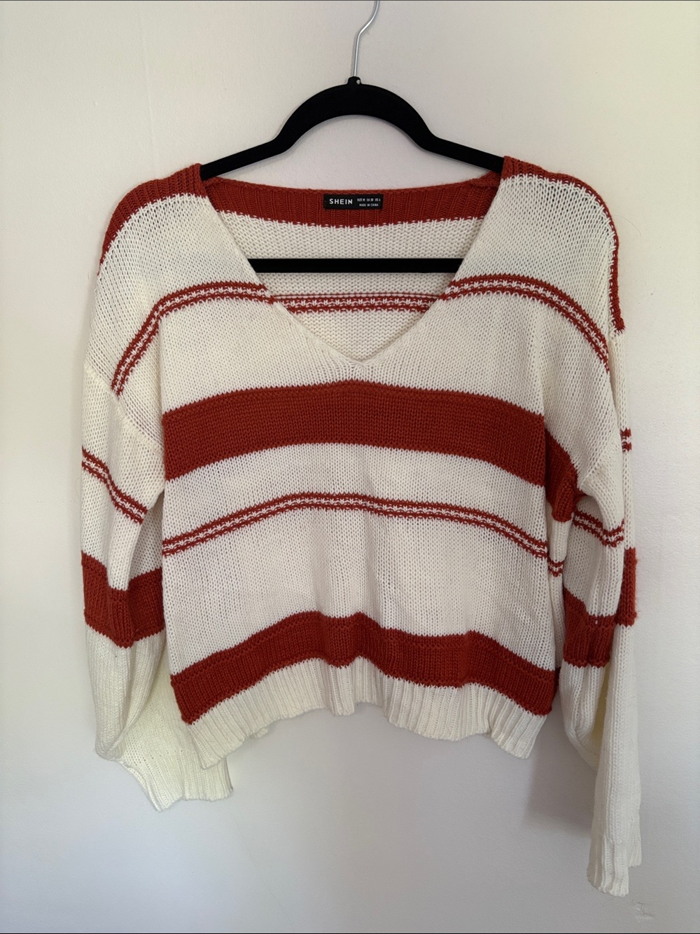 SHEIN Cream and Rust Striped V‑Neck Knit Sweater